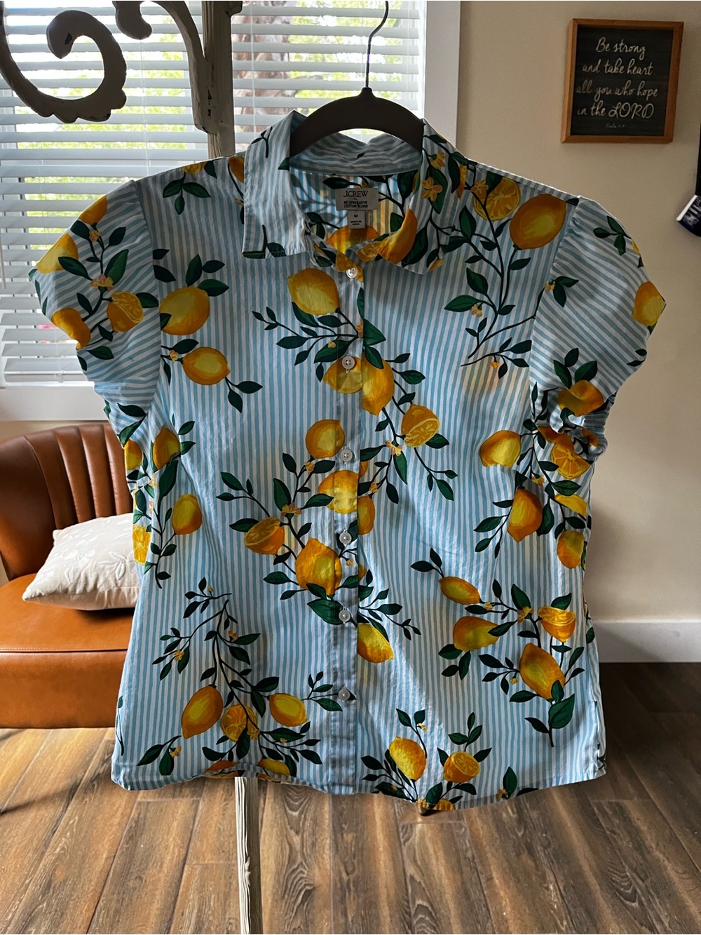 Lemon-Print Button Front Blouse - Light Blue / Yellow